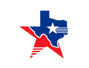 Texas state symbol, map icon, features star shape with territory border outline in red and blue colors. Isolated vector silhouette of Texas symbolizing unity and the independent spirit of usa state