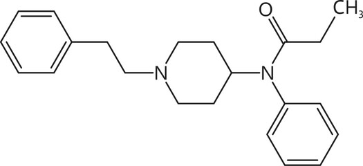 Fentanyl molecule, organic or synthetic drug structure formula. Illegal narcotic biochemical model, addictive substance biomolecule compound or Fentanyl drug chemical vector formula - obrazy, fototapety, plakaty