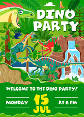 Dino party flyer with funny dinosaur characters, Vector invitation poster for kids. Birthday celebration invite with Jurassic period monsters offering fun, games, prehistoric adventures and surprises