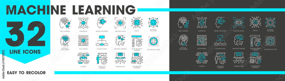 Poster Machine learning line icons, AI artificial intelligence algorithm, science, smart digital future technologies. Vector outline AI robot and human heads, brains, computer circuit board and chip symbols