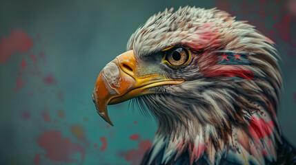 Close-up of a eagle's head showcasing its piercing eyes and sharp beak with fine details in the feathers. Patriotic tattoos featuring eagles and flags in a vibrant. - obrazy, fototapety, plakaty