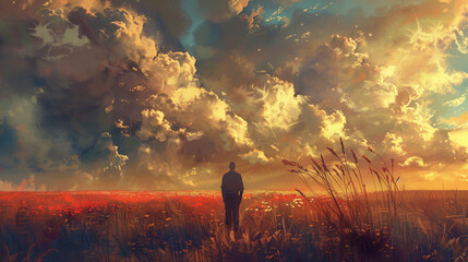 A solitary man stands in a field, gazing at a dramatic cloudscape illuminated by the golden light of sunset. - obrazy, fototapety, plakaty