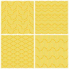 Yellow ramen noodle pattern backgrounds set. Vector seamless tiles featuring intertwined macaroni, pasta, soba or spaghetti strands. Repeated ornaments, forming an appetizing texture and wave shapes