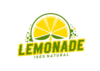 Lemonade drink icon, lemon fruit slice with juice splashes vector label. Lemon or lime citrus fruit with green leaves and juicy yellow drops sign of natural lemonade, juice and citrus flavored soda