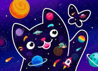 Cartoon space cat chasing a butterfly. Cute cosmic pet playing in far universe. Vector celestial feline silhouette adorned with galaxies, stars and planets, ufo saucers and aliens within its contours
