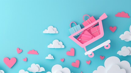 A digital shopping cart icon filled with digital items, emphasizing online shopping, papercut style