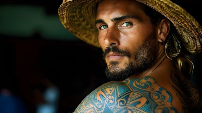 Man with Tribal Tattoo Embracing Polynesian Heritage. Concept Tribal Tattoo, Polynesian Heritage, Cultural Identity, Body Art, Tradition