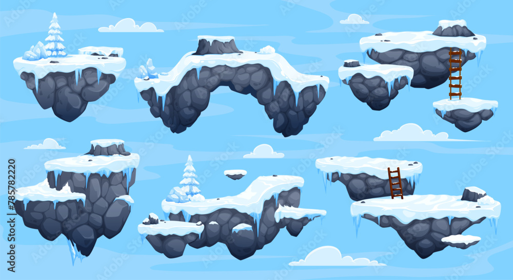 Poster arcade game platforms with ice and snow, winter level game asset. vector floating ui rocky islands w