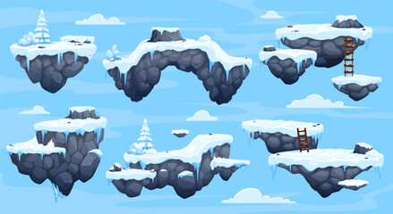 Arcade game platforms with ice and snow, winter level game asset. Vector floating ui rocky islands with snow, spruce trees and stairs. Location map interface for mobile game fantasy arctic environment