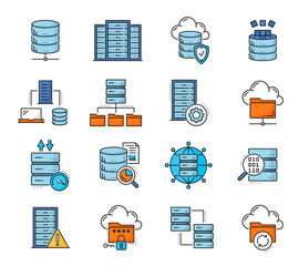 Color database network server and cloud storage icons, internet technology vector line symbols. Data backup storage icons, transfer, encryption and server secure access protection by password