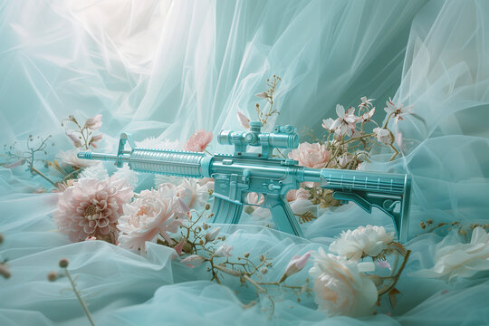 A rifle and flowers. The concept of peace and spring