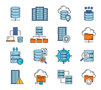 Color database network server and cloud storage icons, internet technology vector line symbols. Data backup storage icons, transfer, encryption and server secure access protection by password