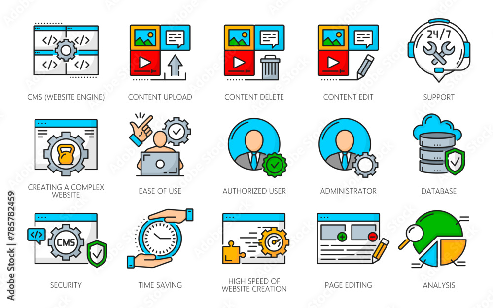 Poster cms content management system icons, web marketing and online internet business, vector line symbols