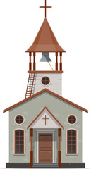 Western church temple building, wild west parish. Isolated vector religious house old american country town. Wooden catholic religion chapel with cross and bell tower with ladder, exude frontier charm - 785782422