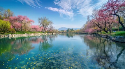 Blooming cherry blossoms line the riverbank, the clear water reflects the bright colors of spring
