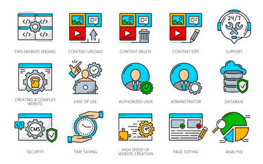 CMS content management system icons, web marketing and online internet business, vector line symbols. CMS digital media content network, website data analytics and database information management