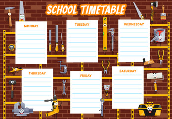 Education timetable schedule with cartoon DIY and repair tools characters. School student week time table and class plan vector template with funny hammer, screwdriver, saw, paint and brush personages - 785782461