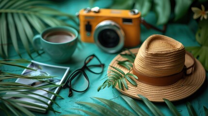 Creative workspace backdrop with travel theme for graphic design. Straw hat, analog camera, and...