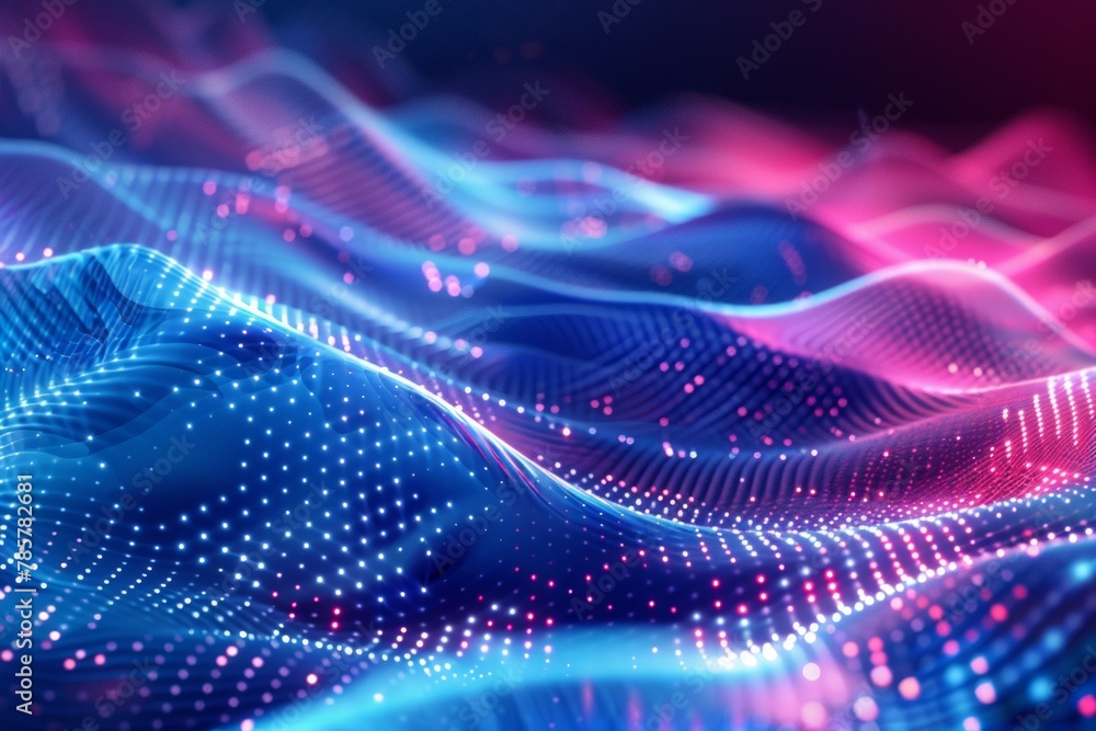Poster dynamic blue and pink wave with scattered small dots. abstract luminescent backdrop.