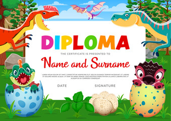 Kids diploma, cartoon funny dinosaur reptiles and dino eggs. Vector baby achievement or recognition certificate template. Prehistoric praise for children triumph or graduation with Jurassic animals