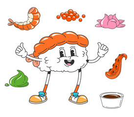 Cartoon Japanese groovy sushi character with vibrant shrimp and rice ball body. Vector funky Asian food culinary personage with fresh seafood ingredients like caviar, ginger, wasabi and soy sauce