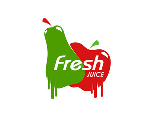 Fresh pear apple juice icon, fruit drink smoothie label. Isolated vector vibrant emblem with fresh green and red fruit shapes with melting drips, symbolizing natural juicy, refreshing pear-apple blend
