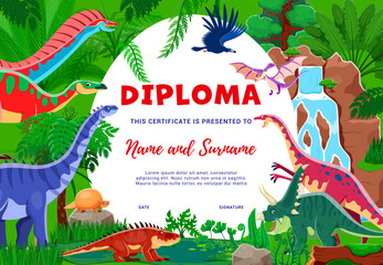 Kids diploma with cartoon dinosaur characters, vector education certificate template. Funny dino reptiles in Jurassic forest, T-rex dinosaur and pterodactyl for kindergarten diploma certificate award