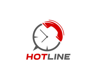 Call center icon for customer support service or hotline help, vector symbol. Hotline icon of telephone receiver and clock for client assistance, customer contact call center and agent assistant sign