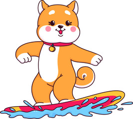 Cartoon Japanese happy shiba inu puppy dog surfing character, cute kawaii pet personage. Cute Shiba Inu, kawaii Japanese dog mascot or funny puppy vector character. Animal pet personage on surfboard - 785783002