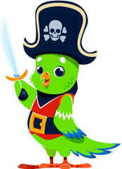Cartoon parrot animal bird pirate sailor character. Isolated vector colorful, feathered, funny corsair personage with saber and cocked hat, ready for high-sea nautical adventures and witty banter