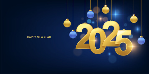 Happy new year 2025 background. Golden numbers and Christmas decoration. Holiday greeting card.