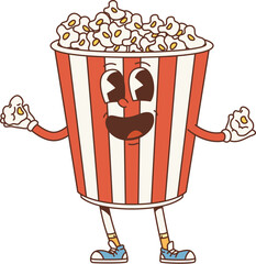 Cartoon retro movie popcorn bucket groovy character. Isolated vector cheerful pop corn personage with a vibrant red and white stripes, playful smile and happy eyes, ready for a nostalgic movie night - 785783034
