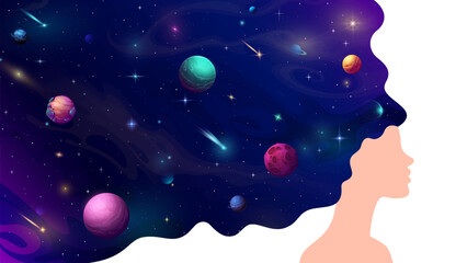 Woman with galaxy space hair. Vector double exposure profile of girl head vector silhouette with flowing wavy hair of cartoon space galaxy planets, stars, asteroids and constellations background