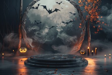 Halloween Scene With Bats and Pumpkins