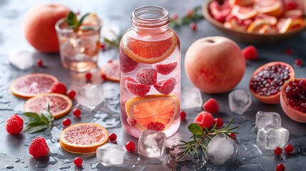 Healthy drink in stylish bottle with fruit slices and ice cubes colourful background. Summer drinks. Fresh concept. Summer concept. Fruits concept. - obrazy, fototapety, plakaty