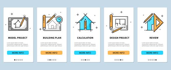 Architect development, renovation and interior icons, mobile app onboarding screens. Vector UI banners templates of building plan, design project, calculation and review with thin line pencils, rulers