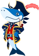 Cartoon shark animal captain or pirate corsair character with smoking pipe, vector funny sailor. Shark captain in pirate tricorne hat and sailor skull bandanna for kids Caribbean pirate character - 785783212