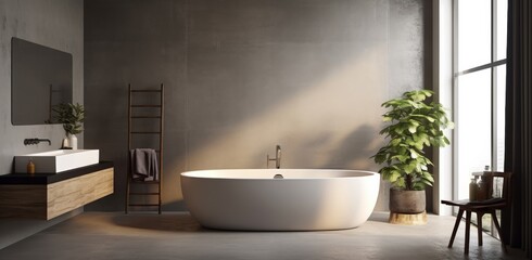 Fototapeta na wymiar View of minimal bathroom interior design with white ceramic bathtub, wood counter and white sink, and wood stool decorated with many indoor plants near big windows. Generative AI.