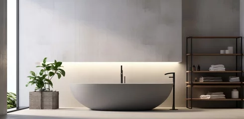 Fototapeten View of minimal bathroom interior design with white ceramic bathtub, wood counter and white sink, and wood stool decorated with many indoor plants near big windows. Generative AI. © Surachetsh