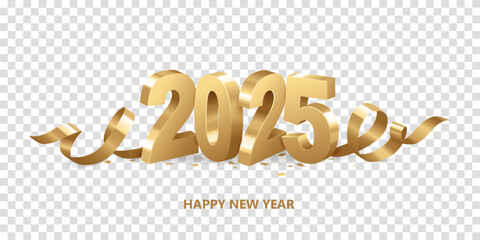 Happy New Year 2025. Golden 3D numbers with ribbons and confetti , isolated on transparent background.