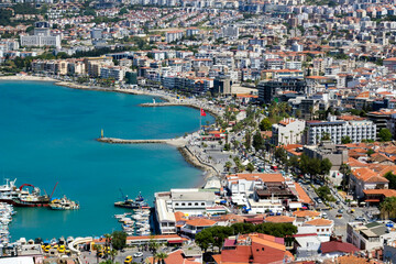 Aerial view of Kusadasi, Aydin Province, Turkey with blue sea and buildings