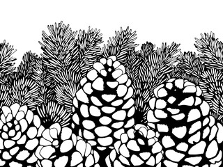 Graphic cones drawn in line art style. Raster pattern Conifer cone. Coloring page adults and kids. Illustration, generative ai.