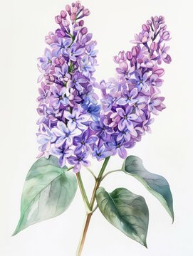 Queen of Shrubs: Watercolor lilac flowers in pastel colors, set against an isolated white background.

