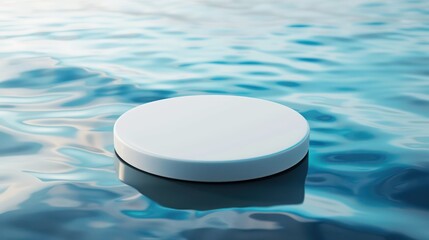 White round pedestal on a blue water surface with a ripple effect, ideal for cosmetic product display