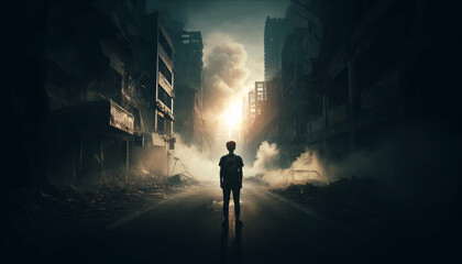 a young person standing in the middle of a desolate street - obrazy, fototapety, plakaty