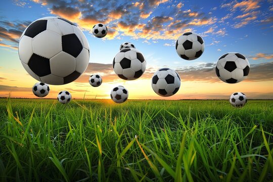 Soccer balls hover gracefully in the sky, Concpet photography, surrealism art
