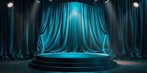 Stage With Blue Curtain and Spotlights - obrazy, fototapety, plakaty