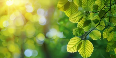 Fototapeta na wymiar A leafy tree branch with a bright green leaf in the sun