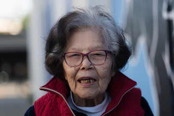 Over ninety years old, a senior citizen of Okinawan (Ryukyuan) looks animated in a candid photo...