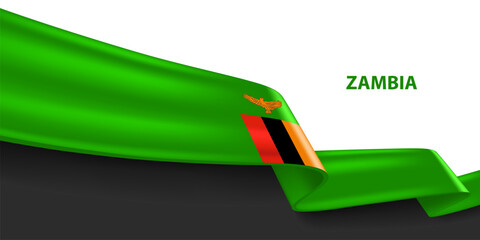 Zambia 3D ribbon flag. Bent waving 3D flag in colors of the Zambia national flag. National flag background design.